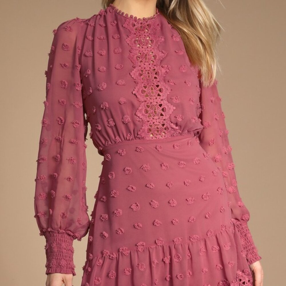 Lulus Lust Or Love Mauve Embroidered Lace Long Sleeve Dress Pink - Size L